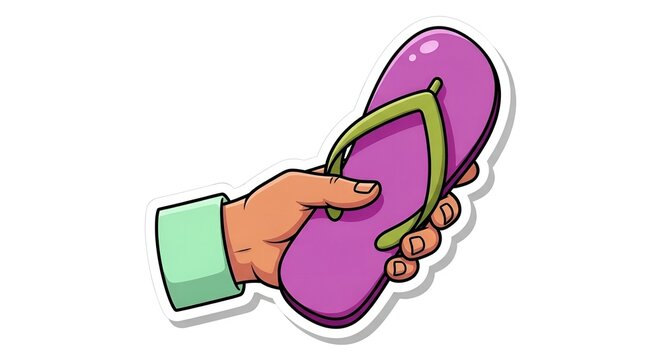 Hand Holding a Vibrant Purple Flip-Flop Sandal, Perfect for Summer Beachwear and Casual Outings, Illustrated Vector Graphic
