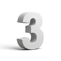 White 3D Number Three in Modern Minimalist Design with Soft Lighting on Isolated White Background for Typography