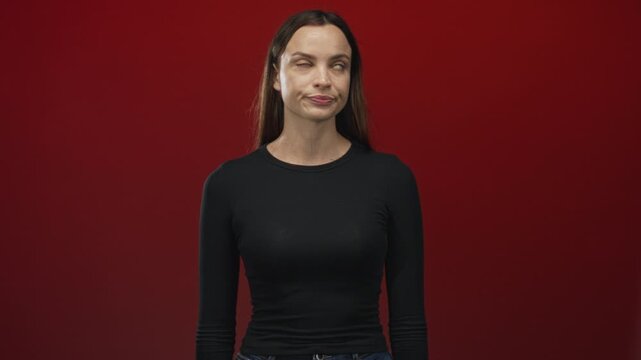 Woman facing camera with pursed lips and a subtle eye roll gesture in a studio with deep red backdrop; skepticism.