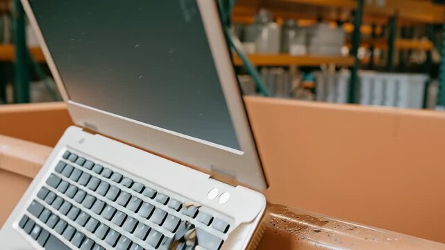 Broken damaged laptop falling into trash bin. E-waste recycling and electronic disposal. Obsolete technology and data destruction