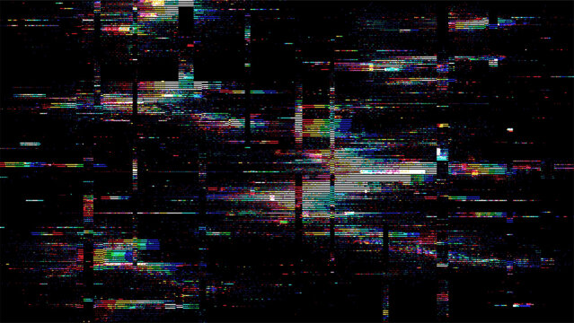 Abstract glitch background with colorful pixels. Digital disruption art. Dynamic distortion background for video game splash screen, music album cover.