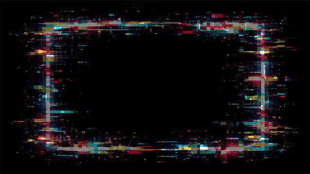 Colorful digital glitch art frame on black background. Abstract data distortion effect for technology-themed graphic design or digital presentation.