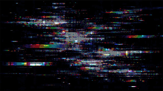 Abstract digital glitch effect on a black background. Distorted data screen texture for futuristic design. Cyber error technology concept.