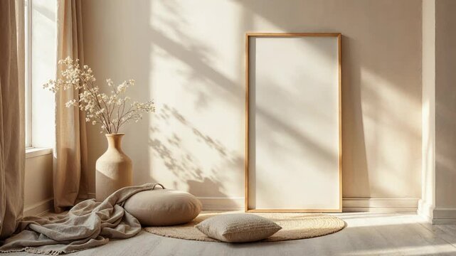 Sunlight and shadows moving across a blank frame mockup in a cozy, wabi sabi style living room