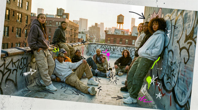 Creative editorial image showing oversized streetwear fashion with doodle overlays and collage textures, blending photography and illustration into a raw, expressive youth culture statement.
