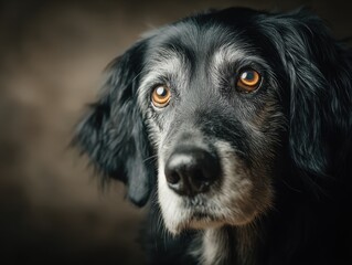 A close-up photograph captures a black dog's face, highlighting its expressive eyes against a blurred background.