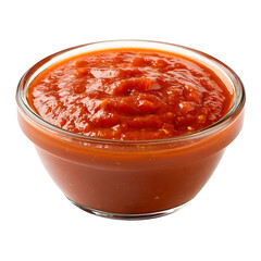 front view of tomate sauce in a glass bowl vertically and isolated on a white background no shadows studio shot commercial food photography