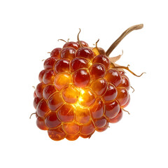 Photorealistic single fantasy berry shaped like a raspberry composed of deep orange drupelets each orb softly glowing from within with a warm yellow light creating a g
