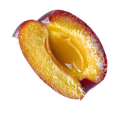 A closeup shot of a fully ripe Chuhui plum slice deep redpurple skin vivid goldenyellow juicy pulp naturally glistening as if freshly cut occupying 85 of the frame iso
