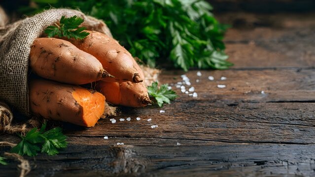 Fresh Sweet Potatoes on a Rustic Wooden Background