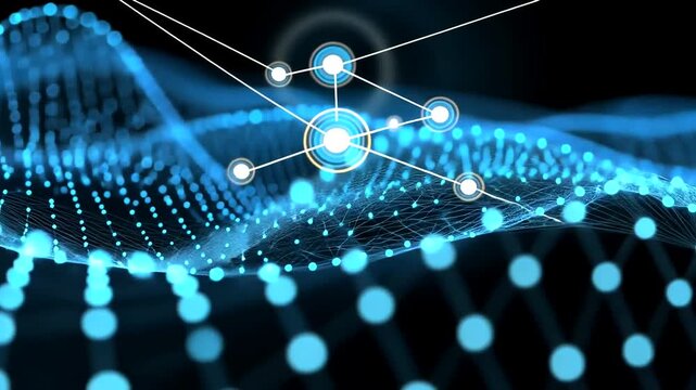 Abstract blue glowing digital network with interconnected nodes and wave patterns