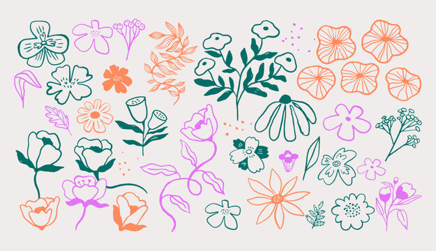 Vintage flower doodles and hand-drawn floral elements collection