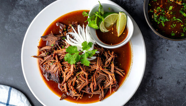 Tender Slow Roasted Beef Barbacoa with Consome and Onions