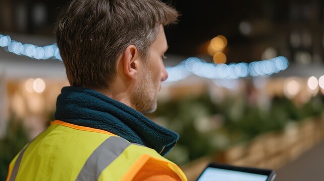 Veranstaltungspersonal koordiniert die Catering-Logistik per Funkger&auml;t und Tablet in einer professionellen Location.