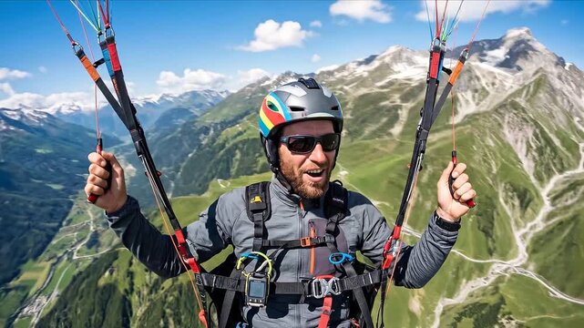 Adventurous paragliding pilot flying high above a green mountain valley with snowy peaks for mountain sport aerial view blogs, extreme air sports, adventure travel, and high altitude flight content.