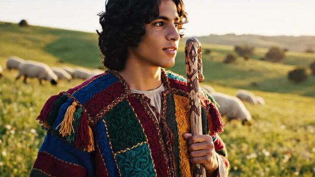 Portrait of Biblical Joseph wearing a coat of many colors. Young shepherd holding a staff in a field with sheep. Old Testament concept