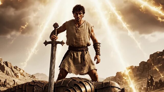 David holding Goliath's sword in triumph on a battlefield. Victorious shepherd standing over defeated giant under divine light rays. Biblical story of courage and faith