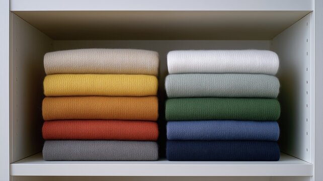 季節ごとの衣類を収納できる、ラベル付きの収納スペースを備えた、活気に満ちたミニマリストなクローゼットの整理整頓