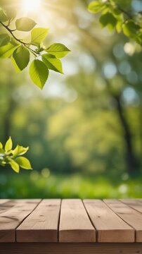Wooden Table in Sunny Forest Foreground Generative AI
