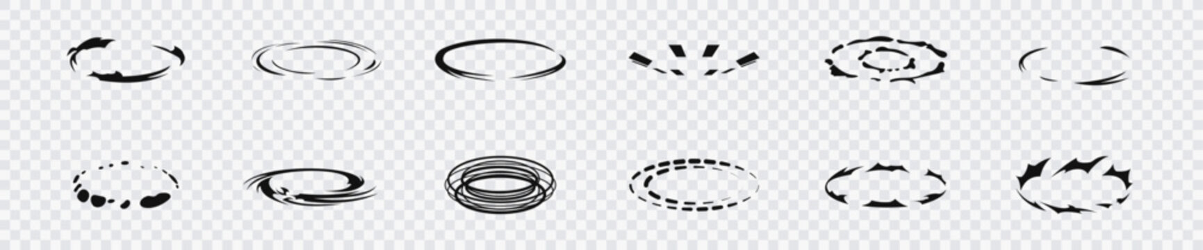 Set of abstract circular motion lines and dynamic ring shapes on a transparent background. Speed and rotation effects for comics, video games, motion graphics, animations, and graphic design.