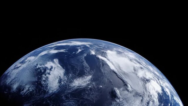video orbital daytime view of Earth, tighter crop on cloud systems and ocean textures, partial atmospheric rim visible, bright natural sunlight, neutral scientific color grading