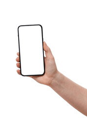 Female hand with blank mobile phone on white background
