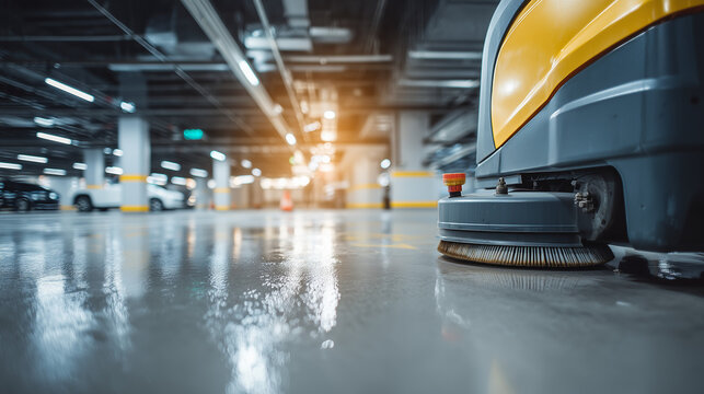 Automatic floor scrubber cleaning underground parking garage. Professional facility maintenance and sanitation service.