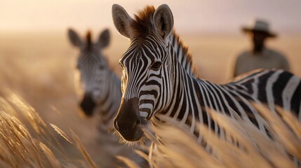 Fototapeta premium Zebras Grazing in a Sunlit Field with a Silhouetted Figure in the Background