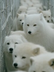 Fototapeta premium A group of white foxes observe the surroundings through a wire fence, exhibiting curiosity and alertness.