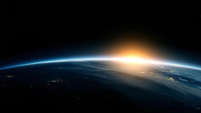 Earth seen from orbit during early sunrise, curved planet surface occupying the bottom third of the frame, fading city lights transitioning into soft daylight 4K