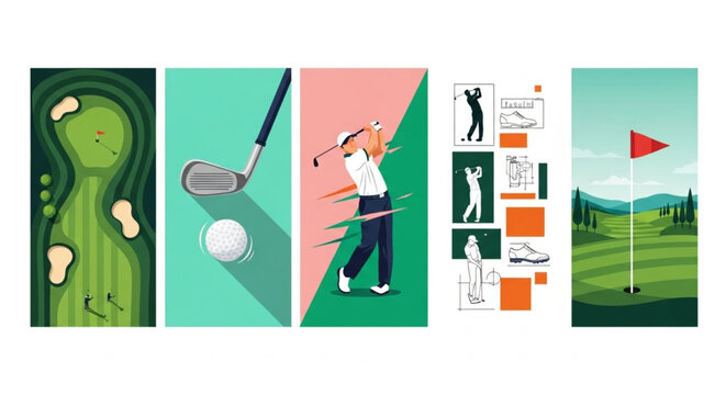 golf graphics collection featuring conceptual illustrations of diverse course views, player actions, and essential equipment in a vibrant, engaging style