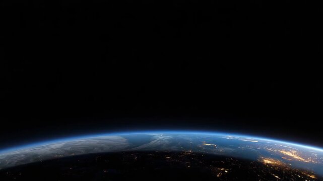 night space banner with Earth curved horizon placed along bottom edge, dense soft golden city lights barely visible on night-side planet, thin electric-blue