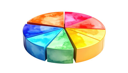 Colorful 3D pie chart with distinct segments, rendered with watercolor texture