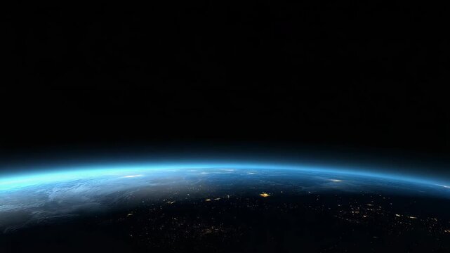 night space banner with Earth curved horizon placed along bottom edge, dense soft golden city lights barely visible on night-side planet, thin electric-blue atmospheric rim 4K