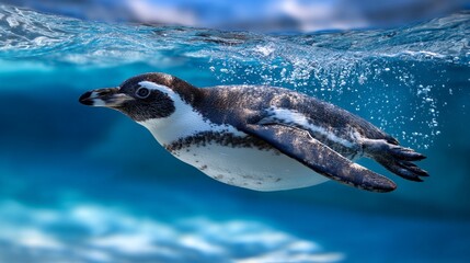 Fototapeta premium A penguin gracefully swimming underwater in a clear blue aquatic environment