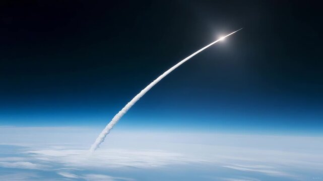 scientific orbital view of rocket climbing through atmosphere, rocket angled slightly upward, long bright exhaust trail extending downward into cloud layers, curved Earth horizon   4K