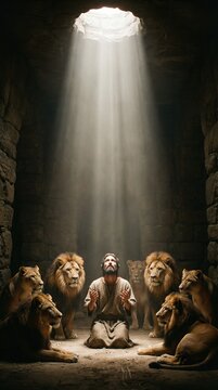 Man Daniel praying in lions den with light from above. Old testament story of faith and divine protection for religious concepts.