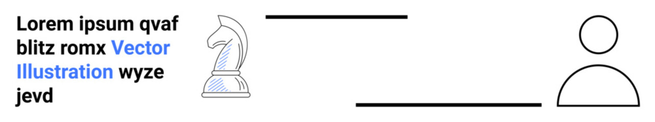 Obraz premium Strategy, communication, decision-making, identity, abstract art, symbolism. A chess knight icon next to text and a human figure. Strategy and communication in minimalistic design