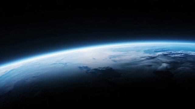 space banner with Earth curved horizon at bottom edge, thin atmospheric rim, deep black space filling most of frame, rocket already out of frame, very large clean copy  4K