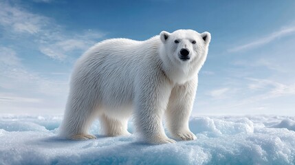 Majestic polar bear standing on ice with a serene blue sky in the background showcasing Arctic wildlife