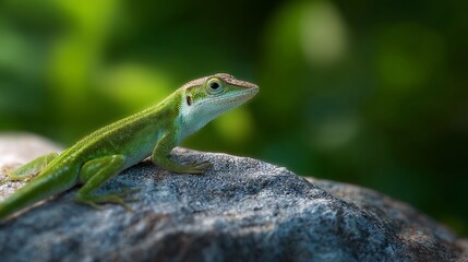 Fototapeta premium Close-up of a green lizard perched on a rock with a blurred natural background