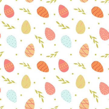 Easter pattern with rabbit, flowers, Easter eggs and dots with transparent background
