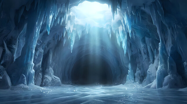 Blue ice cave interior with glowing light rays entering from above, frozen stalactites and stalagmites, icy ground, cold winter environment