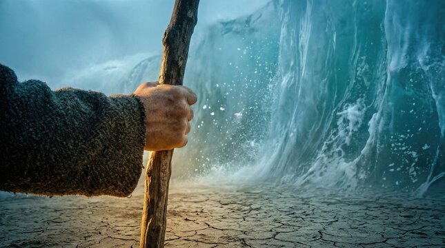 Man hand holding staff with Red Sea parting as massive water walls rise. Yam Suph story biblical Exodus event. Faith and miracle concept.