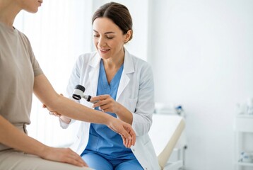 Obraz premium A female dermatologist uses a dermatoscope to examine a patient's skin for moles during a check-up.