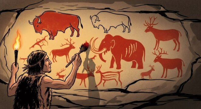 Caveman painting bison, deer, and mammoth on cave wall with torchlight. Prehistoric art and ancient civilization concept for history education.