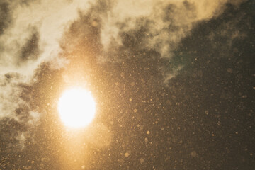 Sun shining through falling snow in winter sky of Estonia, creating magical golden glow and beautiful bokeh texture in nature.