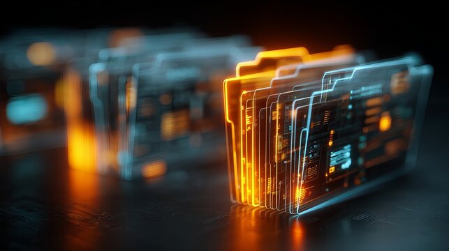 Glowing digital folders with vibrant orange and blue lights on sleek surface