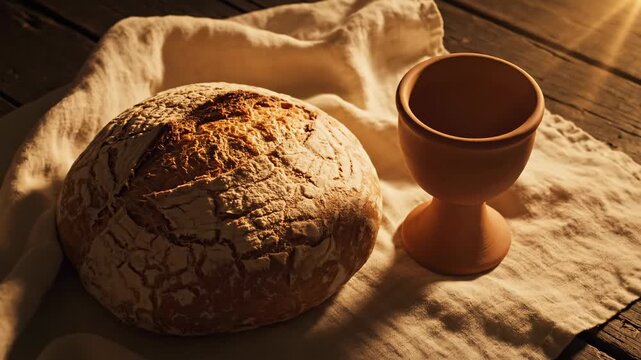 Bread and chalice on linen cloth for Last Supper. Bread symbolizes shared meal and unity, paired with clay chalice for ceremonial purposes. Concept Last Supper evokes reflection and tradition.