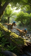Fototapeta premium Two dinosaurs with blue crests on a mossy log next to a river in a prehistoric jungle. Ancient life and Jurassic era concept for nature.